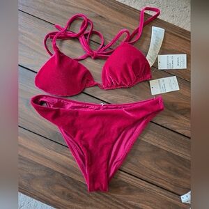 RVCA Women's Magenta / Pink Ribbed Triangle Bikini